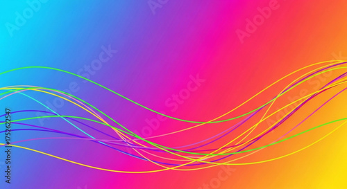 Abstract colorful background with wavy lines, a vibrant gradient of blue, purple, pink, orange, and yellow creating a dynamic and eyecatching design