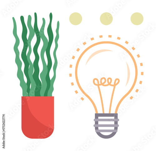 Red pot with tall green plant beside bright lightbulb with glowing effect and dotted accents. Ideal for creativity, innovation, nature, sustainability, energy, design, growth. Simple flat metaphor