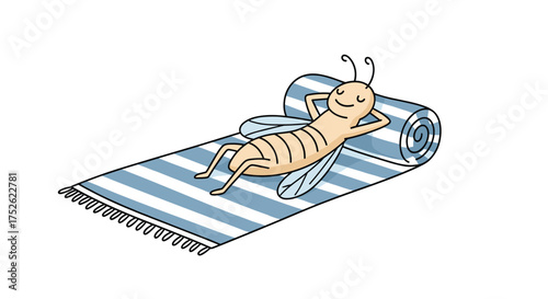 An insect is relaxing on a striped beach towel and a rolled up towel.
