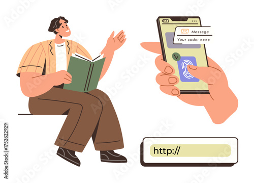 Man reading a book while phone displays code verification and fingerprint access. Ideal for learning, technology, mobile security, biometrics, online safety, multitasking, simple flat metaphor