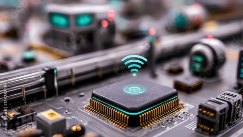 Close-up of a microchip on a circuit board with a glowing wireless icon symbolizing connectivity.