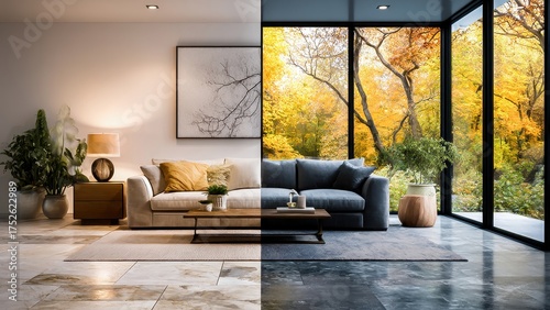 Stunning modern living room showcases autumn's beauty through large windows, blending indoor elegance with nature's vibrancy.
