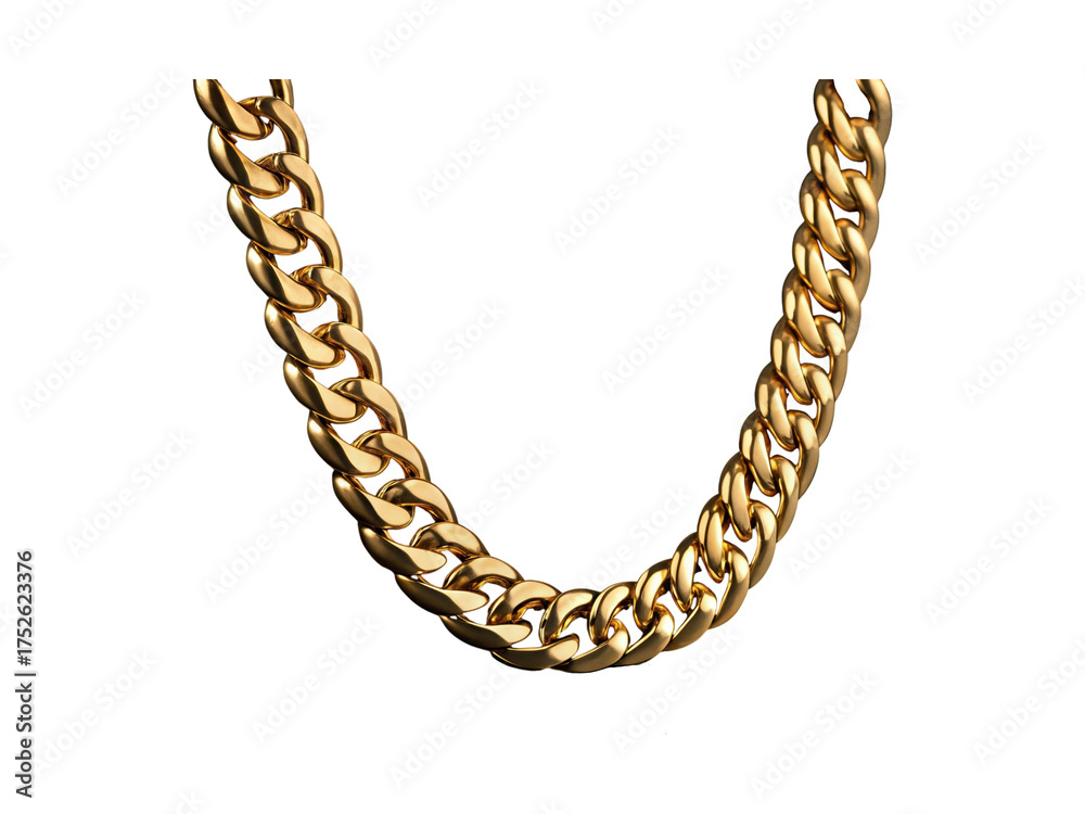 Obraz premium Thick golden metal cuban chain necklace with reflection isolated on transparent background