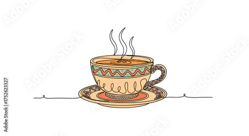 A steaming cup of aromatic tea served in an ornate patterned teacup with a saucer sits on a white surface.
