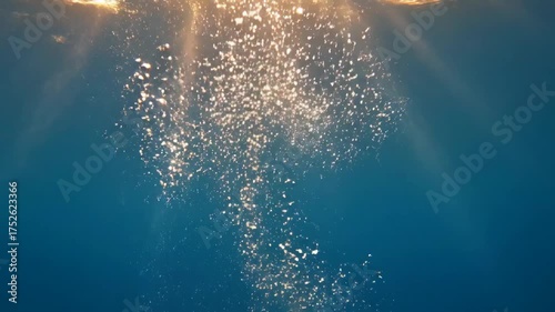 Underwater Bubbles with Sunlight Rays in Blue Water.