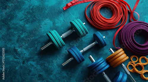 Colorful dumbbells and resistance bands arranged on a textured, teal surface