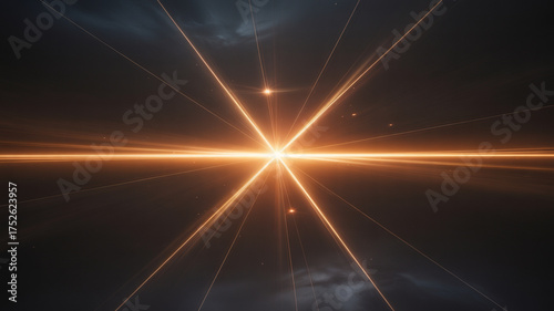 A dazzling lens flare shining in the darkness. light trails on the road at night