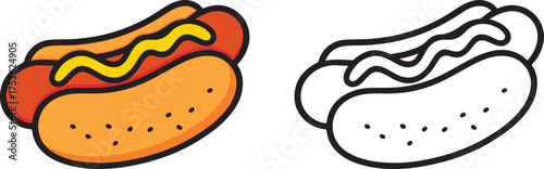 Hot Dog Cartoon Illustration Colored and Black Outline Vector of Sausage with Mustard