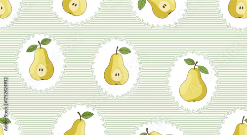 A delightful pattern featuring fresh juicy pears on a soft green striped background.