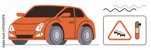 Orange compact car next to traffic warning sign with vehicles and eco-scale indicator. Ideal for transportation, eco-awareness, congestion, environment, driving safety, sustainability, energy