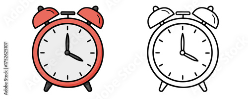 Hand-drawn style illustration of a classic desk alarm clock, one colored in coral red and gray, one in black outline, for time or deadline concept