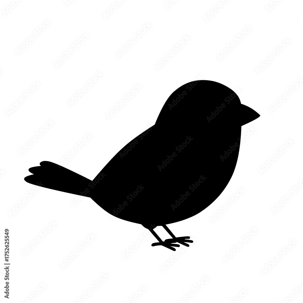 Fototapeta premium Black silhouette of sparrow bird isolated on white background, perfect for logo design, wildlife icon, or minimalist vector illustration of small songbird