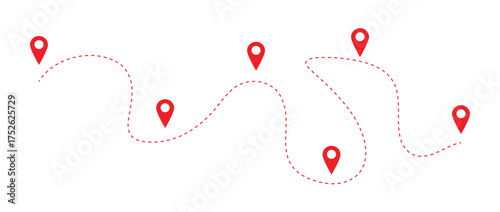Red Travel Route Map Vector – Minimalist Dotted Path with Location Pins for Navigation and Journey Tracking