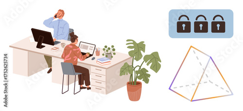Professionals at desk working on laptops, potted plant beside, padlocks symbolizing security, abstract pyramid. Ideal for teamwork, office, security, creativity, technology design organization
