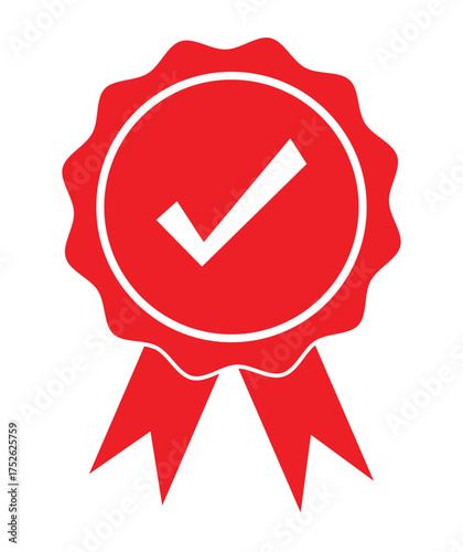 Certified Verification Badge Vector – Red Check Mark Award Seal with Ribbon for Approval and Quality Assurance