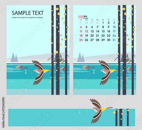 野鳥が飛ぶ秋の風景イラスト,カレンダー表紙デザイン,バナー