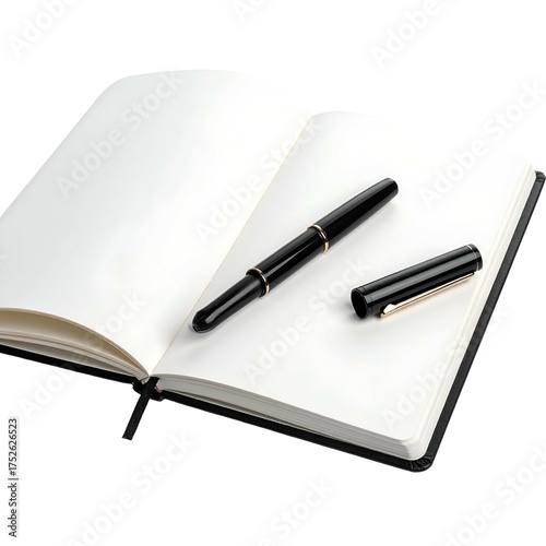 A black fountain pen rests on an open blank notebook with its cap beside it.