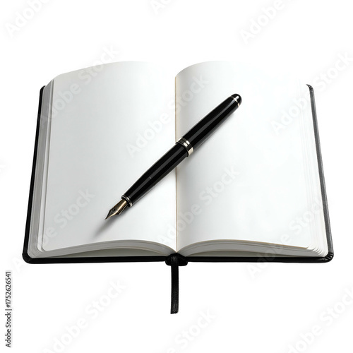 Elegant fountain pen rests on open blank notebook pages.