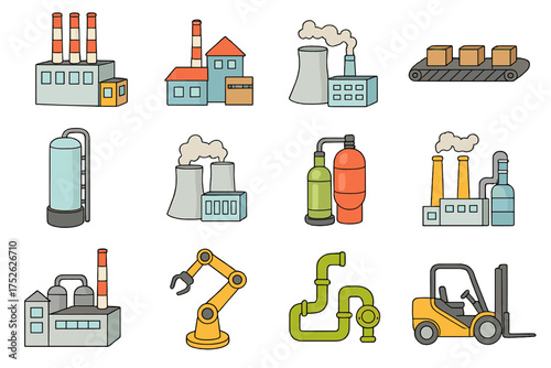 Factory and industry icon set. Vector cartoon illustration collection of manufacturing, power plant, production line, robotic arm, and warehouse logistics symbols for design.