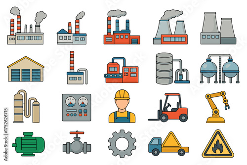 Factory and industry vector icon set. Manufacturing, engineering concepts. Cartoon power plant, worker, forklift, robotic arm, machinery, production line, energy illustration.