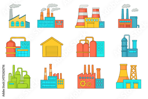 Factory building icon set in cartoon style. Industrial manufacturing, power plant, refinery. Vector collection of industry symbols. Energy production, warehouse and plant icons.