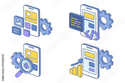 Mobile app development lifecycle isometric icon set. Vector concepts for UI UX design, software programming, coding, bug fixing, QA testing, and application analytics.
