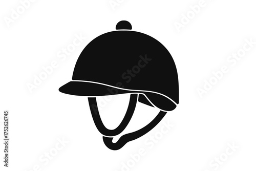 Equestrian helmet icon for horse riding sport. Jockey headgear silhouette for safety. Vector illustration of a rider's protective cap for derby race. Black isolated symbol.