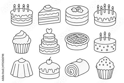 Cake and dessert icon set in doodle outline style. Big collection of sweet pastry vector symbols for bakery, birthday, and wedding. Line art food illustration collection.