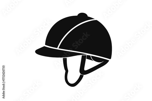 Equestrian helmet icon for horse riding. Jockey cap silhouette for sport and competition. Safety headgear for riders. Black vector illustration isolated on white background.