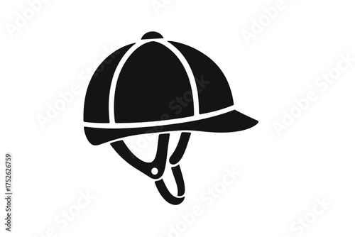 Equestrian sport icon. Jockey helmet for horse riding. Safety headgear for protection. Professional rider cap for horse racing, derby and competition. Vector symbol illustration.