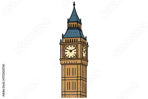 Big Ben clock tower in London, England. Famous UK landmark vector illustration in cartoon style. Great Britain travel symbol and British icon isolated on white background.