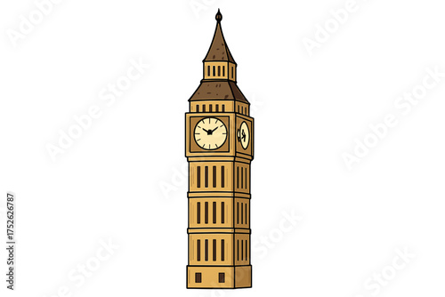 Big Ben clock tower in London, England. Famous British landmark and tourist attraction. Vector illustration in a cartoon sketch style. Westminster travel and tourism symbol.