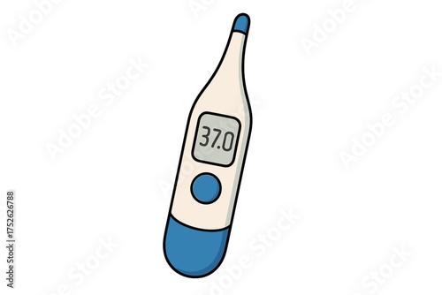 Medical digital thermometer icon showing normal body temperature 37 degrees celsius. Health care tool concept. Fever check diagnostic equipment. Vector cartoon illustration.