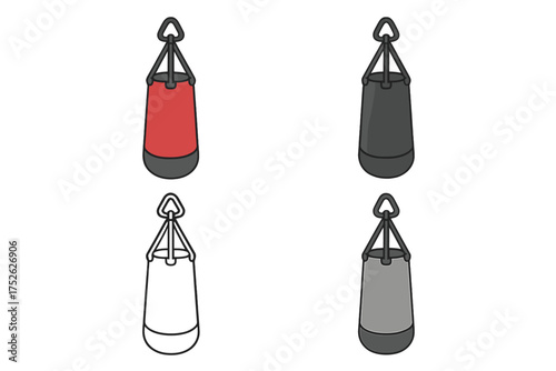 Punching bag vector icon set. Heavy bag collection for boxing, fitness, and gym workout. Martial arts and fight training equipment symbol in cartoon flat and outline style.