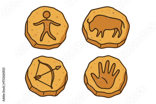 Set of prehistoric rock art icons. Stone age carvings with primitive man, bison, bow and arrow, and handprint. Ancient history and archaeology symbols. Cartoon vector illustration.