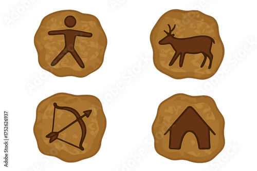 Cave painting vector icon set. Prehistoric rock art symbols. Primitive stone age man, hunting deer, bow arrow, and ancient shelter. Archeology vector illustration.