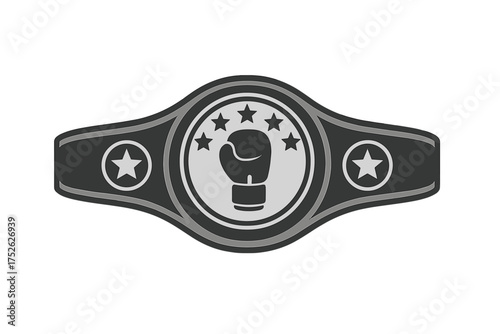 Boxing champion belt icon in monochrome style. Vector graphic of a winner trophy. Fight sport award with glove and stars. Heavyweight championship symbol illustration isolated.