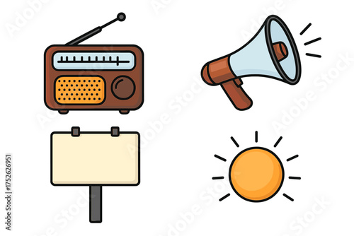 Advertising and media communication icon set. Radio broadcast, megaphone announcement, blank billboard sign for promotion. Marketing campaign concept. Vector cartoon illustration.