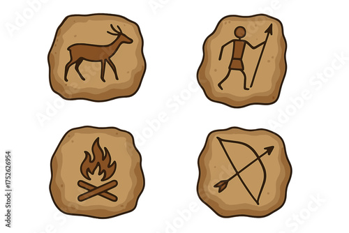 Set of prehistoric rock art icons. Cave paintings collection with primitive hunter, deer, campfire, bow and arrow. Stone age man symbol for survival and hunting vector.