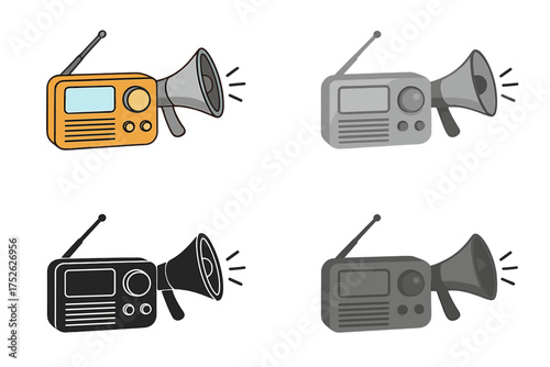 Radio advertising vector icon set. Retro radio with megaphone for promotion, announcement, and marketing. Communication concept. Loudspeaker symbol for news and broadcast.