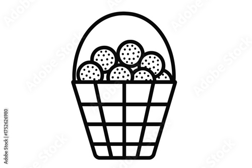 Basket of golf balls for practice at the driving range. Golf equipment icon for sport, leisure, and competition. Vector line art illustration for club and tournament.