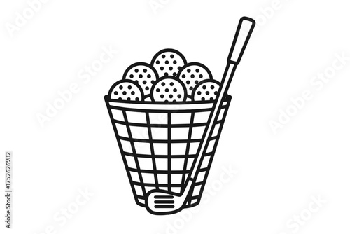 Golf practice icon with basket of balls and club. Golfing sport equipment for driving range. Line art vector illustration for tournament, hobby, leisure and active lifestyle.