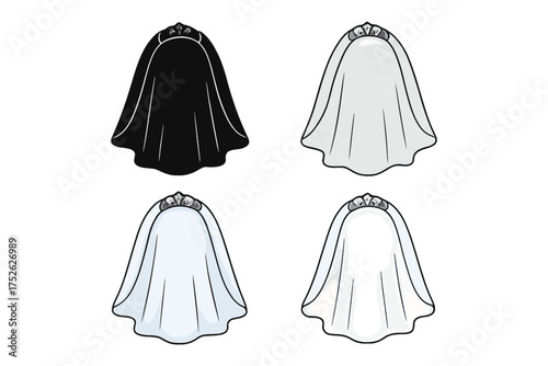Wedding veil with tiara set. Bridal accessory vector illustration. White, black, and grayscale options. Outline drawing for coloring page. Marriage, ceremony, fashion concept.