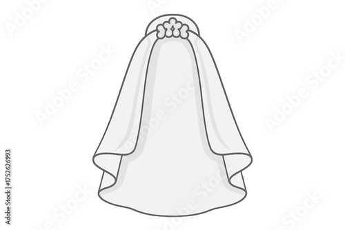 White wedding veil vector illustration. Bridal headpiece accessory with pearl clip for marriage ceremony. Elegant sheer fabric for bride's fashion design. Love symbol cartoon icon.