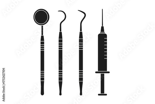 Dental instruments icon set. Dentist tools silhouette for stomatology clinic. Dental care, hygiene and treatment concept. Mirror, probe, scaler and syringe vector illustration.