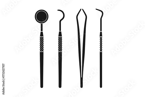 Set of dental instruments icons. Dentist tools silhouette for stomatology clinic. Dental care, oral hygiene concept. Mouth mirror, probe, scaler, and forceps vector icons.