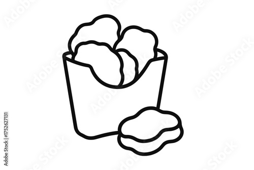Chicken nuggets in a box outline icon. Fried crispy chicken pieces, fast food snack in a paper container. Takeaway meal concept. Vector illustration isolated on a background.