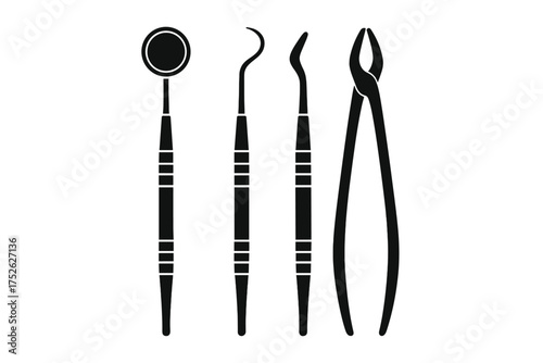 Dental instruments icon set. Dentist tools silhouette. Dental care symbol. Stomatology equipment. Oral health, hygiene. Mouth mirror, probe, scaler, forceps. Medicine vector.
