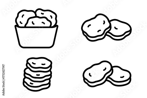 Chicken nuggets icon set. Fast food linear symbols. Fried crispy chicken meat snacks in a bucket and stacked. Unhealthy junk food vector illustration for menu design.