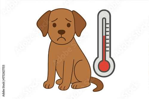 Sick dog with fever vector icon. Sad puppy with high temperature on thermometer. Pet health care concept. Veterinary clinic symbol. Animal illness illustration flat style.